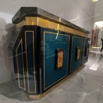 Three-Door Sideboard with Dark Blue High-Gloss Lacquer Panels Gold Metal Trim Natural Marble Top and Polished Gold Stainless Steel Base